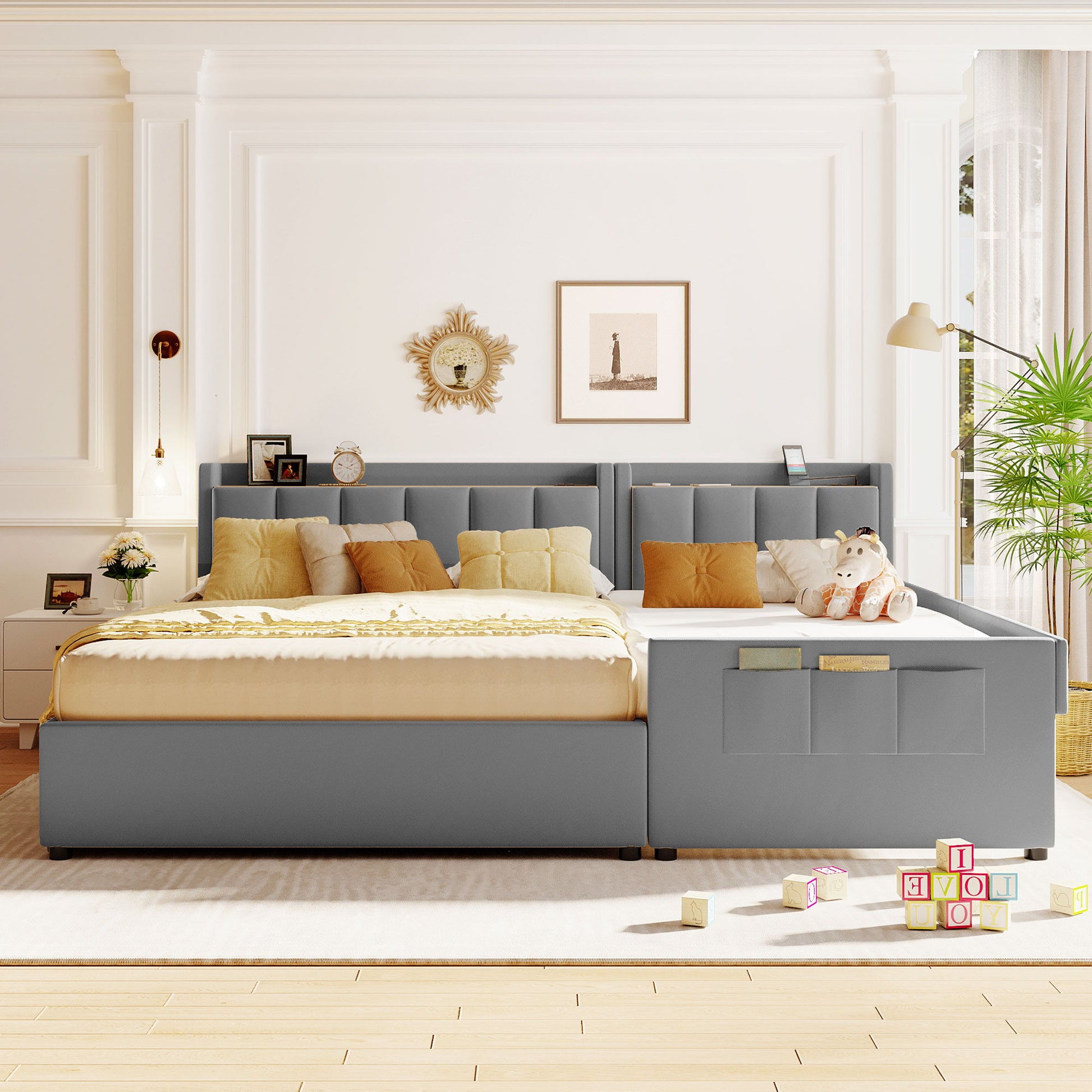 Upholstered Mother & Child Bed With Hydraulic Storage System, Drawer Box, Bedhead Storage Shelf And 2 Pairs Of Sockets & USB Ports - The Sleep Loft - Online Mattress Showroom NYC