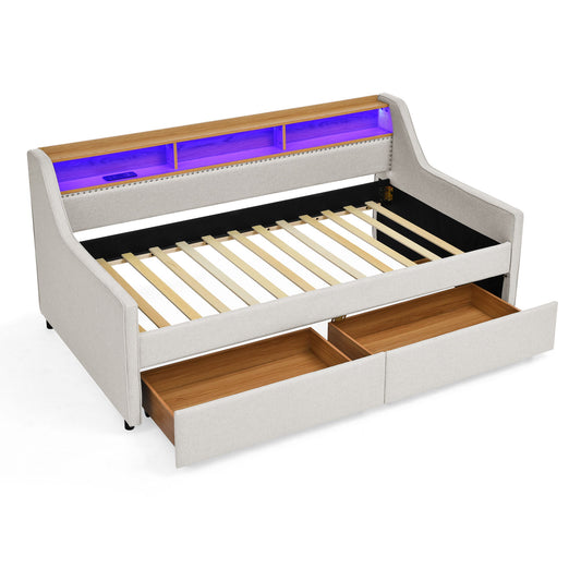Twin Upholstered Sofa Bed With LED Lights, Storage Drawers, Adjustable Headboard & Wireless Charging - Beige - The Sleep Loft - Online Mattress Showroom NYC