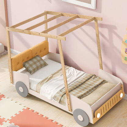 Twin Size Car Bed With Pillow, Ceiling Cloth And LED - Natural - The Sleep Loft - Online Mattress Showroom NYC