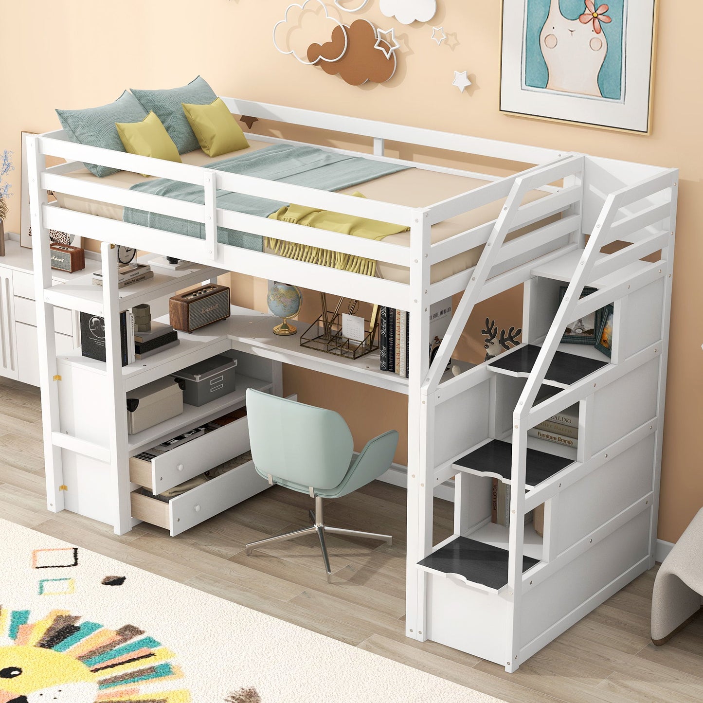 Loft Bed With Desk, Shelves, 2 Drawers, Storage Staircase - The Sleep Loft - Online Mattress Showroom NYC