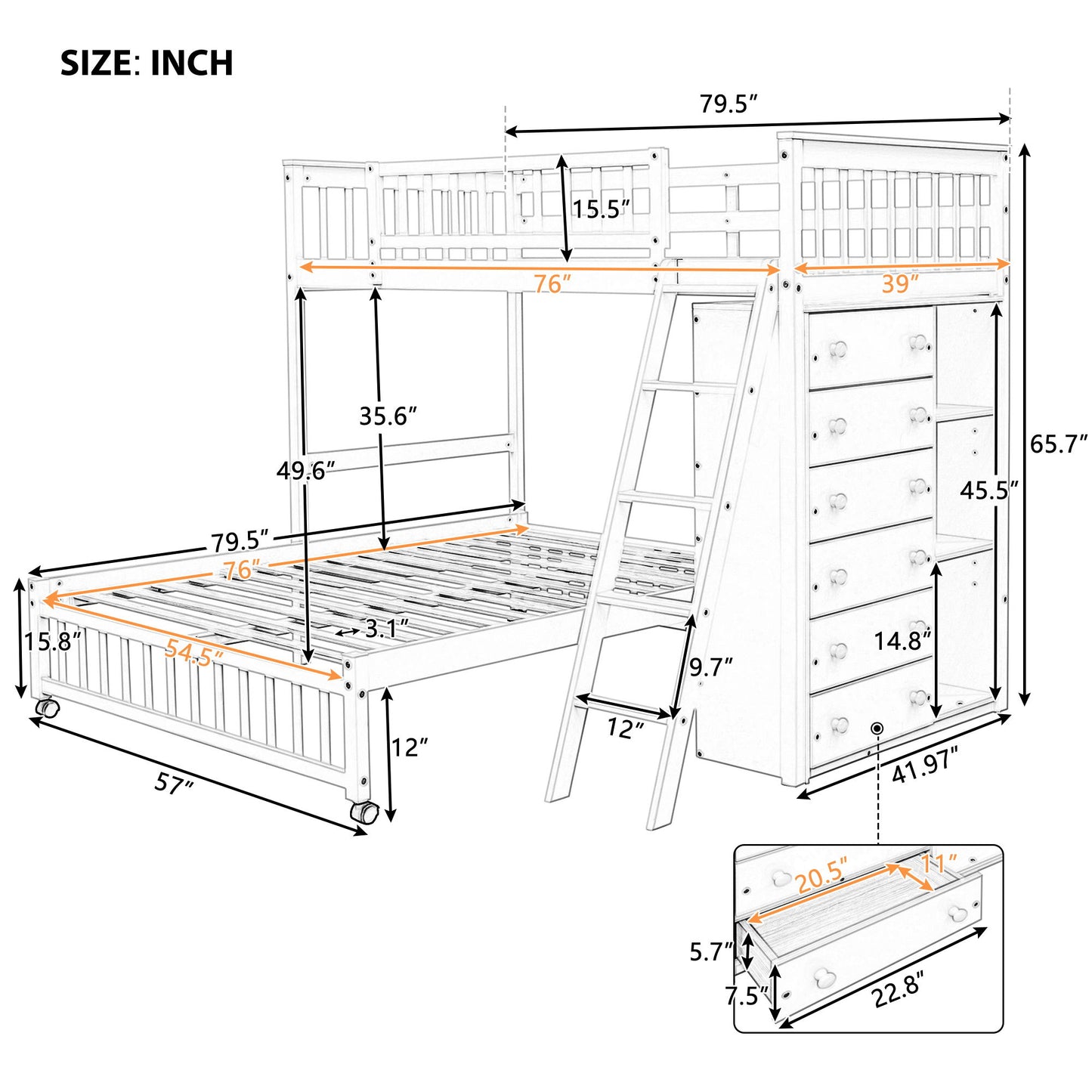 Bunk Bed With 6 Drawers And Flexible Shelves, Bottom Bed With Wheels - The Sleep Loft - Online Mattress Showroom NYC