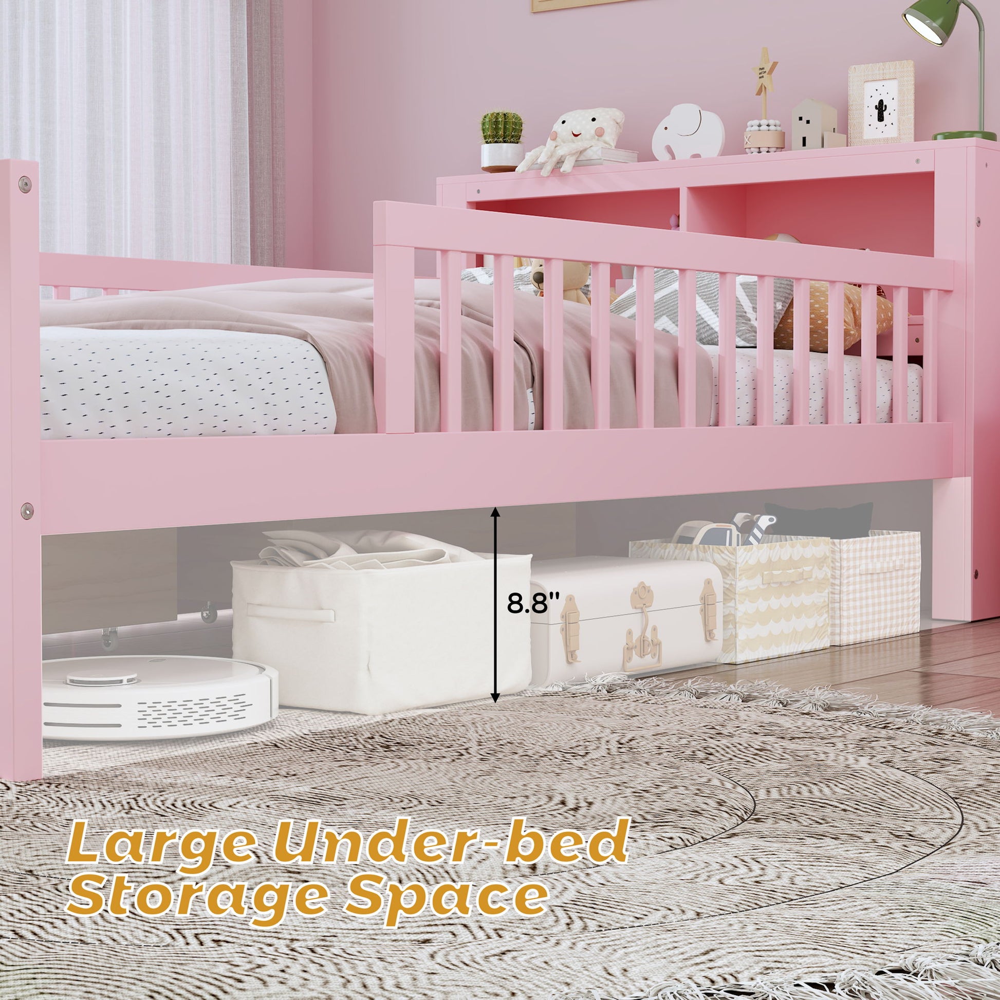 Bed With Headboard Storage Rack, 2 Under Bed Drawers, 3 Side Guardrails For Safety - The Sleep Loft - Online Mattress Showroom NYC
