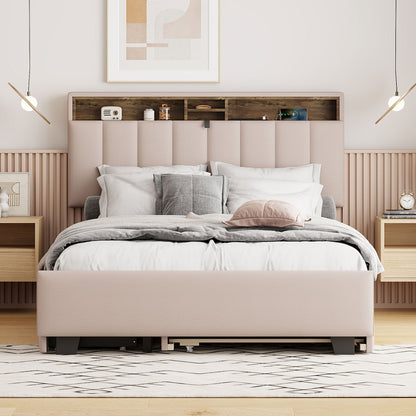 Upholstered Platform Bed With Storage Headboard, Trundle & 2 Drawers And A Set Of Sockets & USB Ports - The Sleep Loft - Online Mattress Showroom NYC