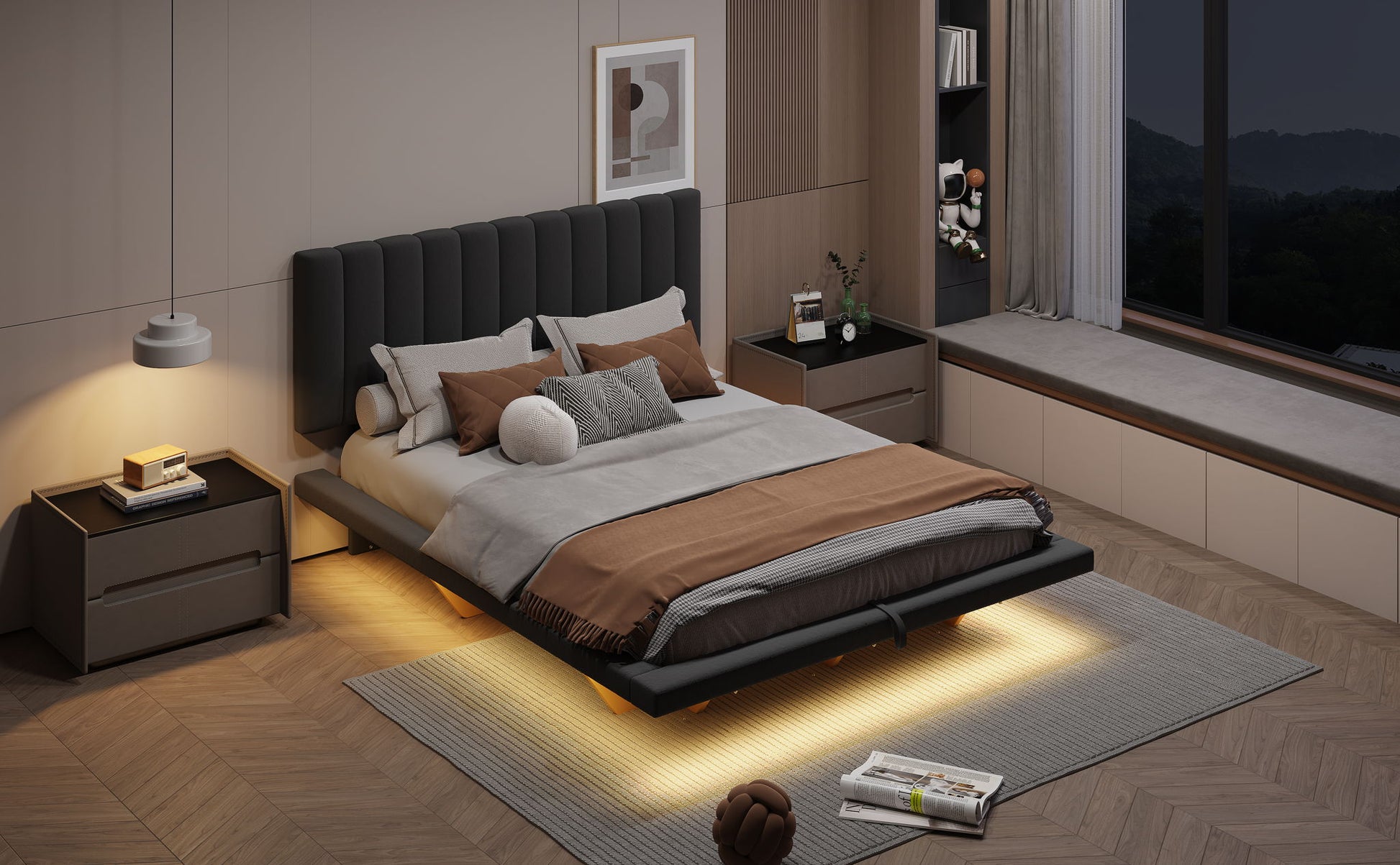 Upholstered Floating Hydrualic Platform Bed With LED Light And USB Port - The Sleep Loft - Online Mattress Showroom NYC