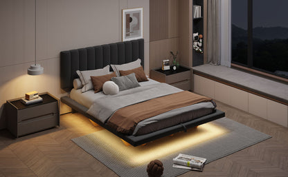 Upholstered Floating Hydrualic Platform Bed With LED Light And USB Port - The Sleep Loft - Online Mattress Showroom NYC