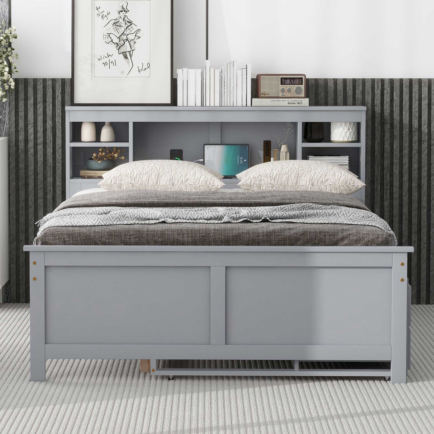 Platform Bed With Storage Headboard, USB, Trundle And 3 Drawers - The Sleep Loft - Online Mattress Showroom NYC