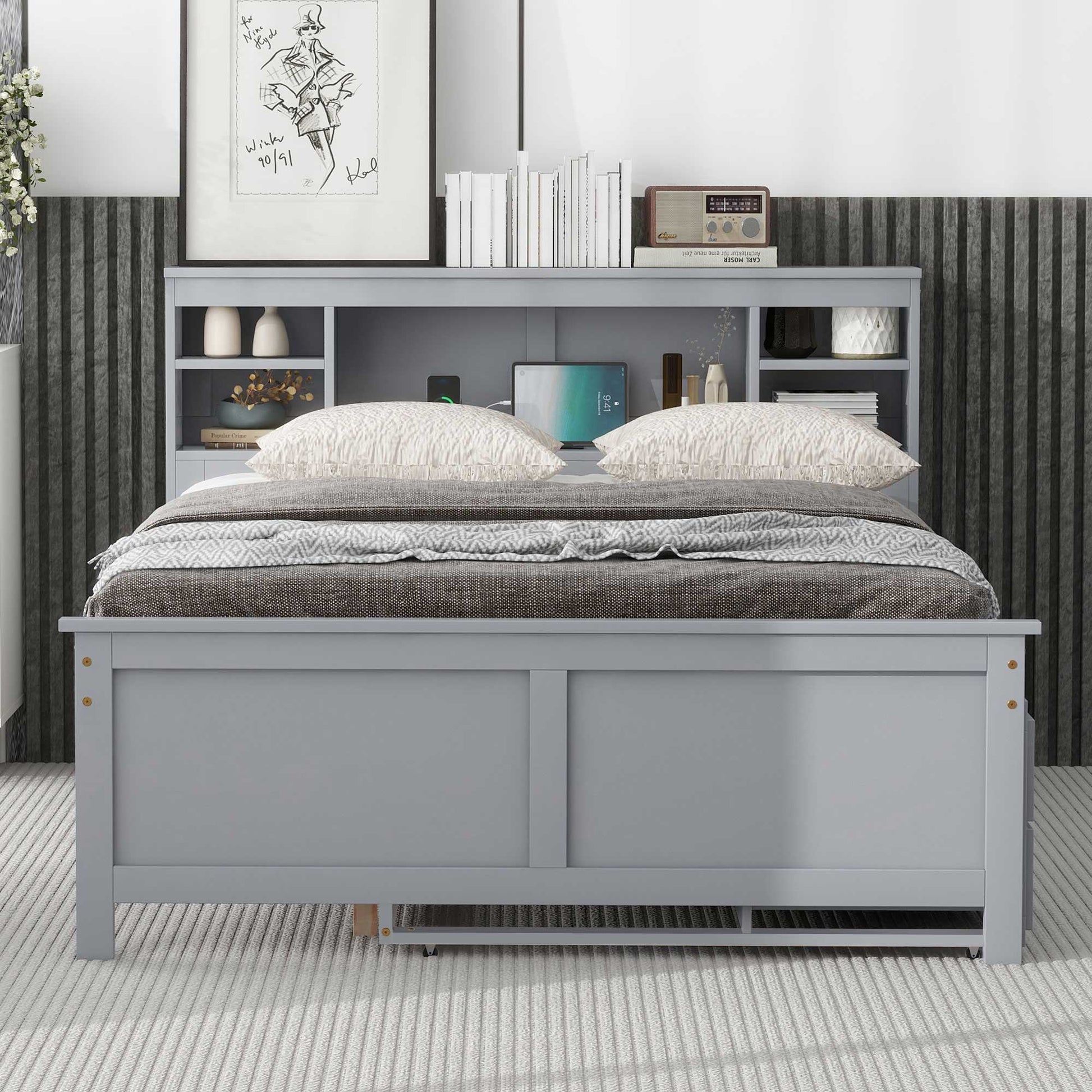 Platform Bed With Storage Headboard, USB, Trundle And 3 Drawers - The Sleep Loft - Online Mattress Showroom NYC