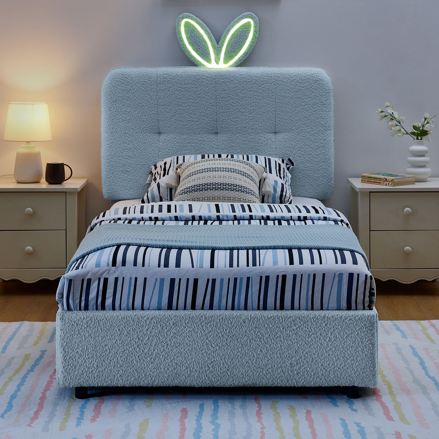Upholstered Bed With Oversized Rabbit Ear Headboard, LED Lights & 4 Storage Drawers - The Sleep Loft - Online Mattress Showroom NYC