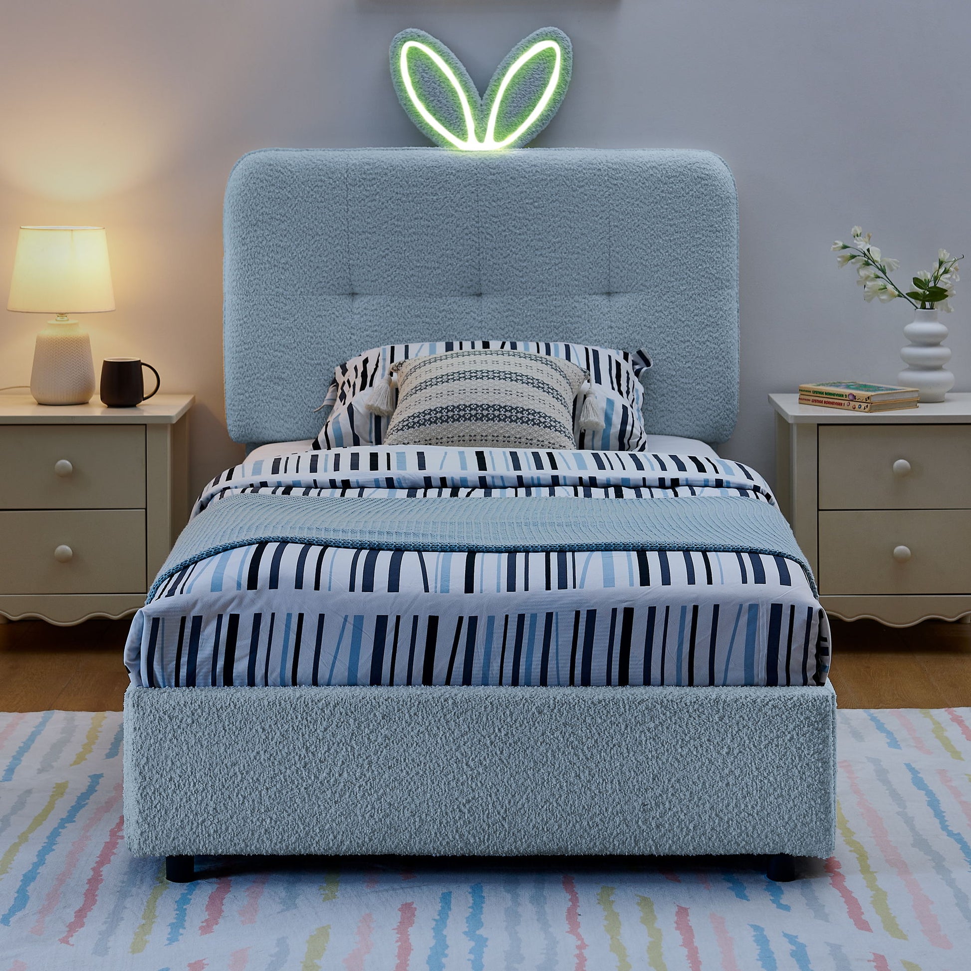 Upholstered Bed With Oversized Rabbit Ear Headboard, LED Lights & 4 Storage Drawers - The Sleep Loft - Online Mattress Showroom NYC