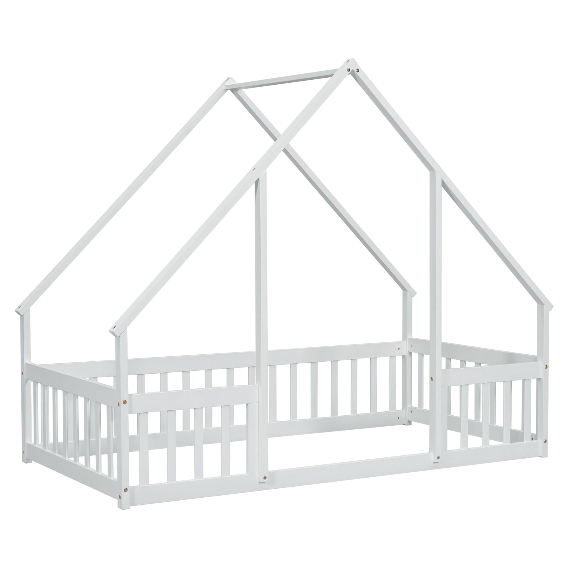 Wood House-Shaped Floor Bed With Fence, Guardrails - The Sleep Loft - Online Mattress Showroom NYC