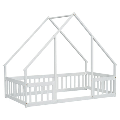 Wood House-Shaped Floor Bed With Fence, Guardrails - The Sleep Loft - Online Mattress Showroom NYC