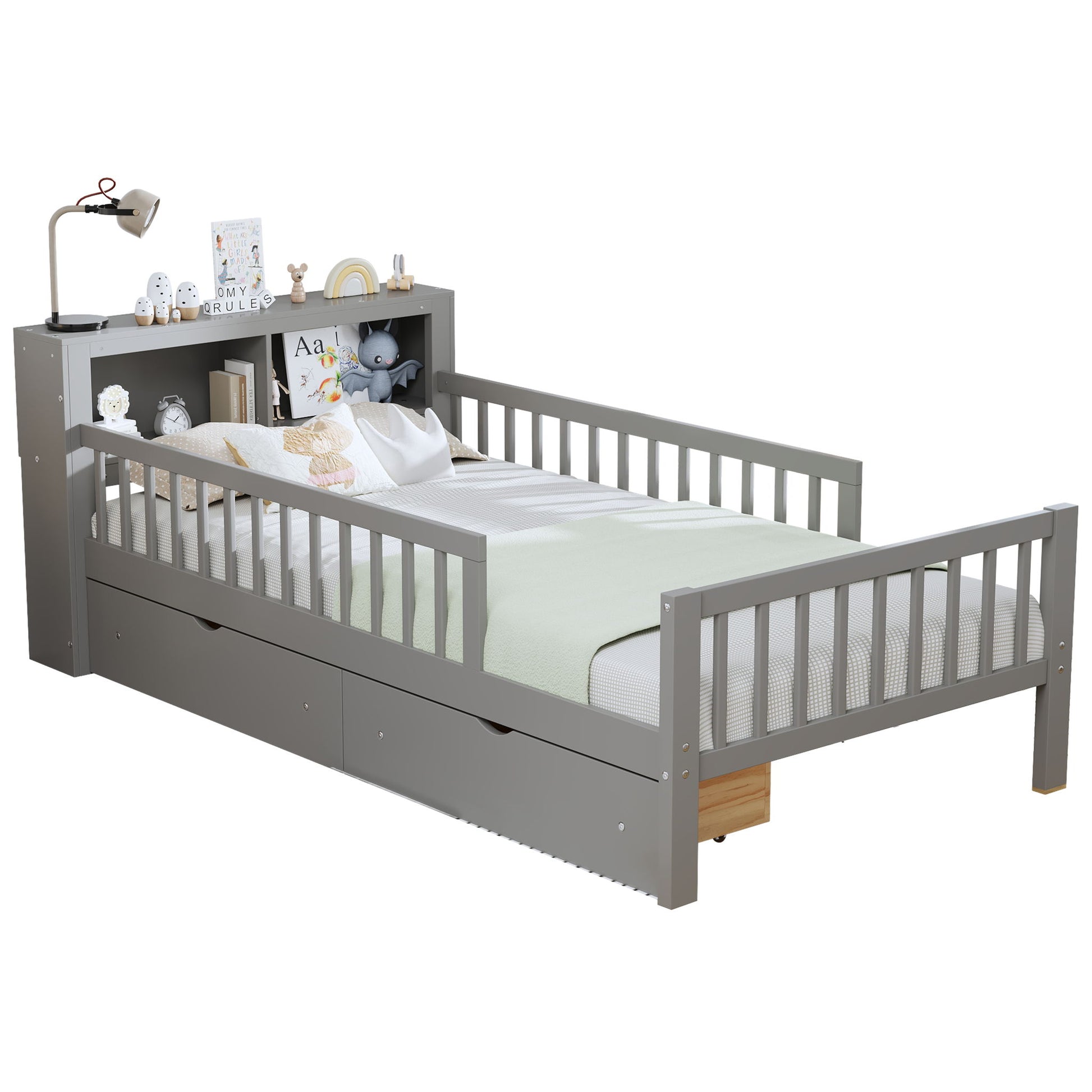 Bed With Headboard Storage Rack, 2 Under Bed Drawers, 3 Side Guardrails For Safety - The Sleep Loft - Online Mattress Showroom NYC