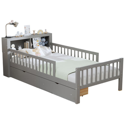 Bed With Headboard Storage Rack, 2 Under Bed Drawers, 3 Side Guardrails For Safety - The Sleep Loft - Online Mattress Showroom NYC