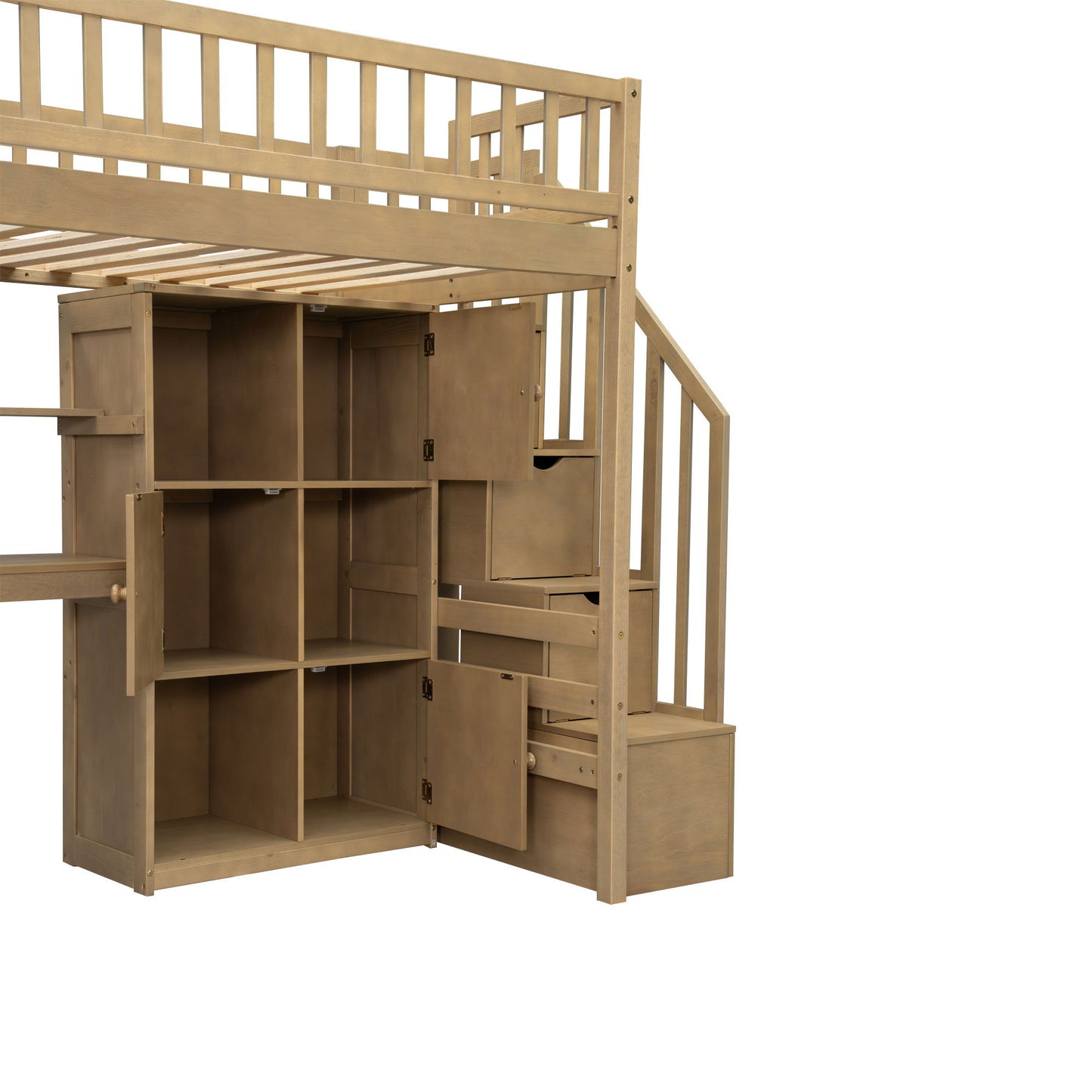 Loft Bed With Built In L Shaped Desk, LED Lights, Storage Shelves, Cabinets, And Staircase - The Sleep Loft - Online Mattress Showroom NYC