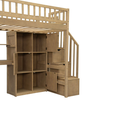 Loft Bed With Built In L Shaped Desk, LED Lights, Storage Shelves, Cabinets, And Staircase - The Sleep Loft - Online Mattress Showroom NYC