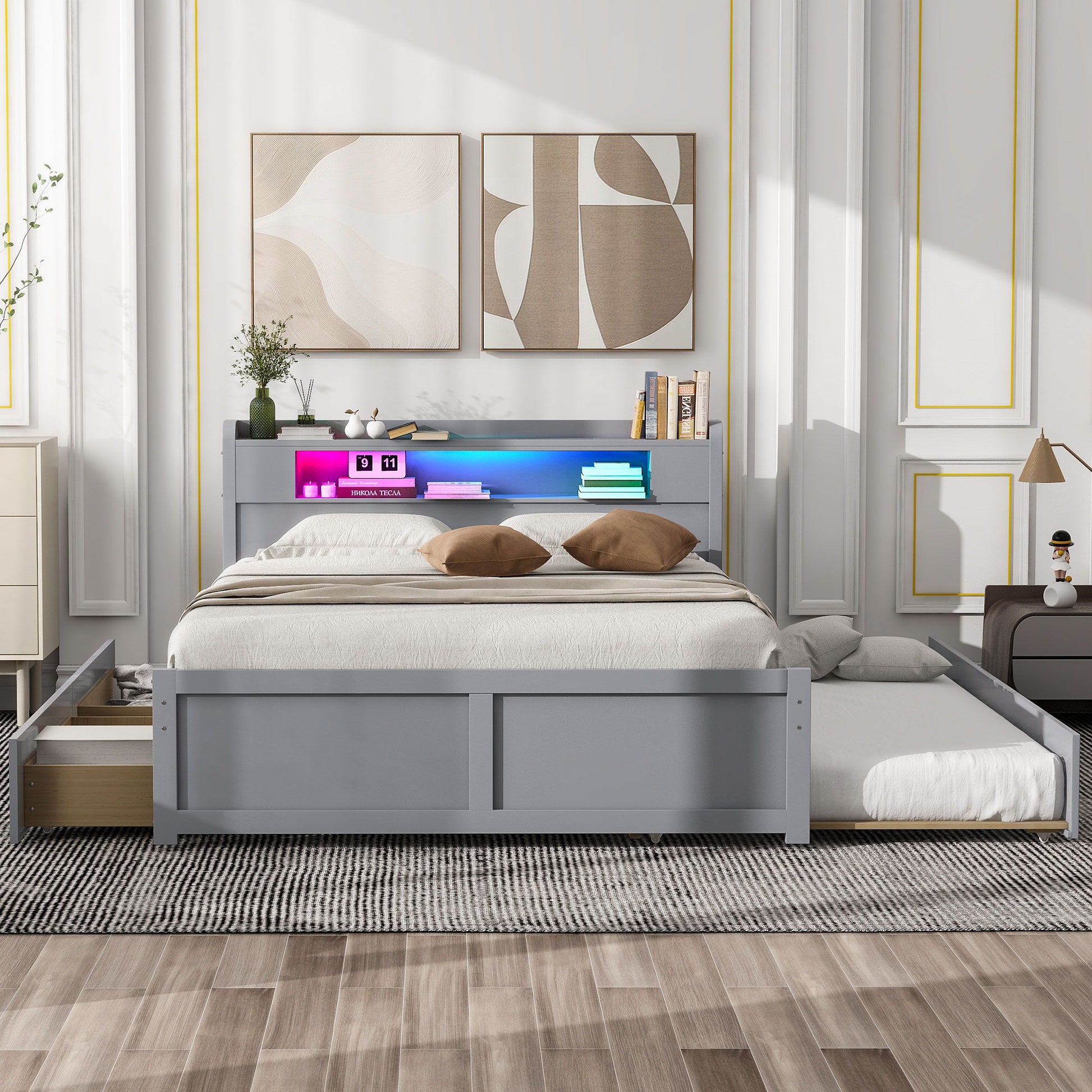 Storage Platform Bed With LED Lights, 2 Drawers And Trundle - The Sleep Loft - Online Mattress Showroom NYC