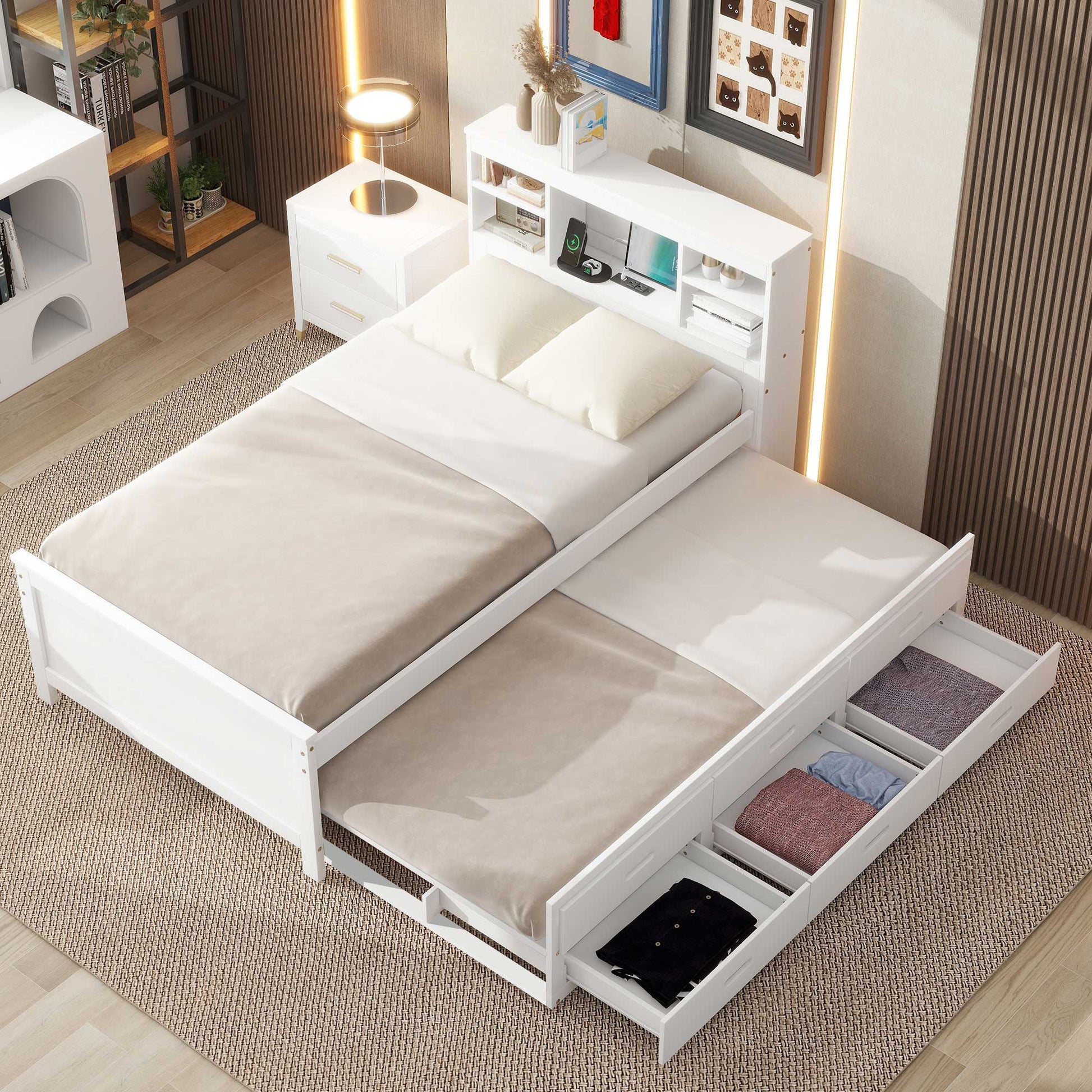 Platform Bed With Storage Headboard, USB, Trundle And 3 Drawers - The Sleep Loft - Online Mattress Showroom NYC