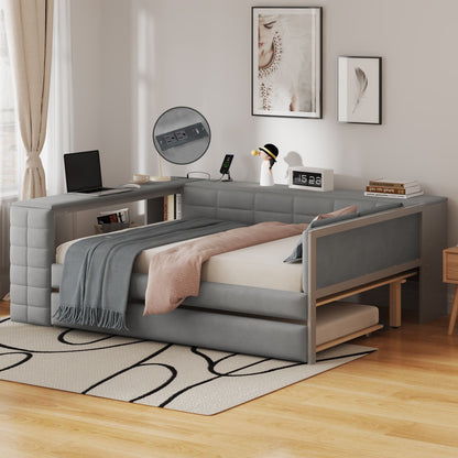 Upholstered Platform Bed With Storage Shelves, Desk, Charging Station And Trundle - The Sleep Loft - Online Mattress Showroom NYC