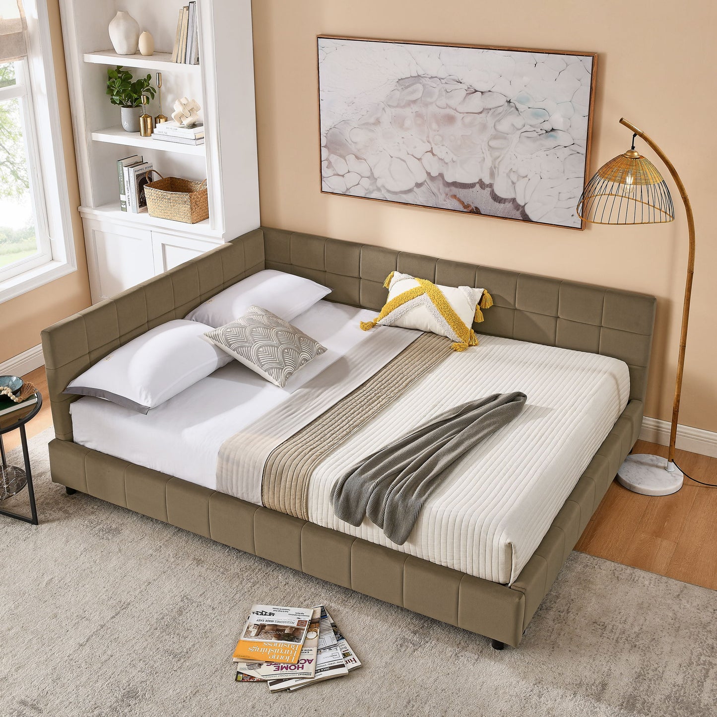 Mid-Century Storage Upholstered Tufted Bed Frame With Backrest And Armrests - The Sleep Loft - Online Mattress Showroom NYC