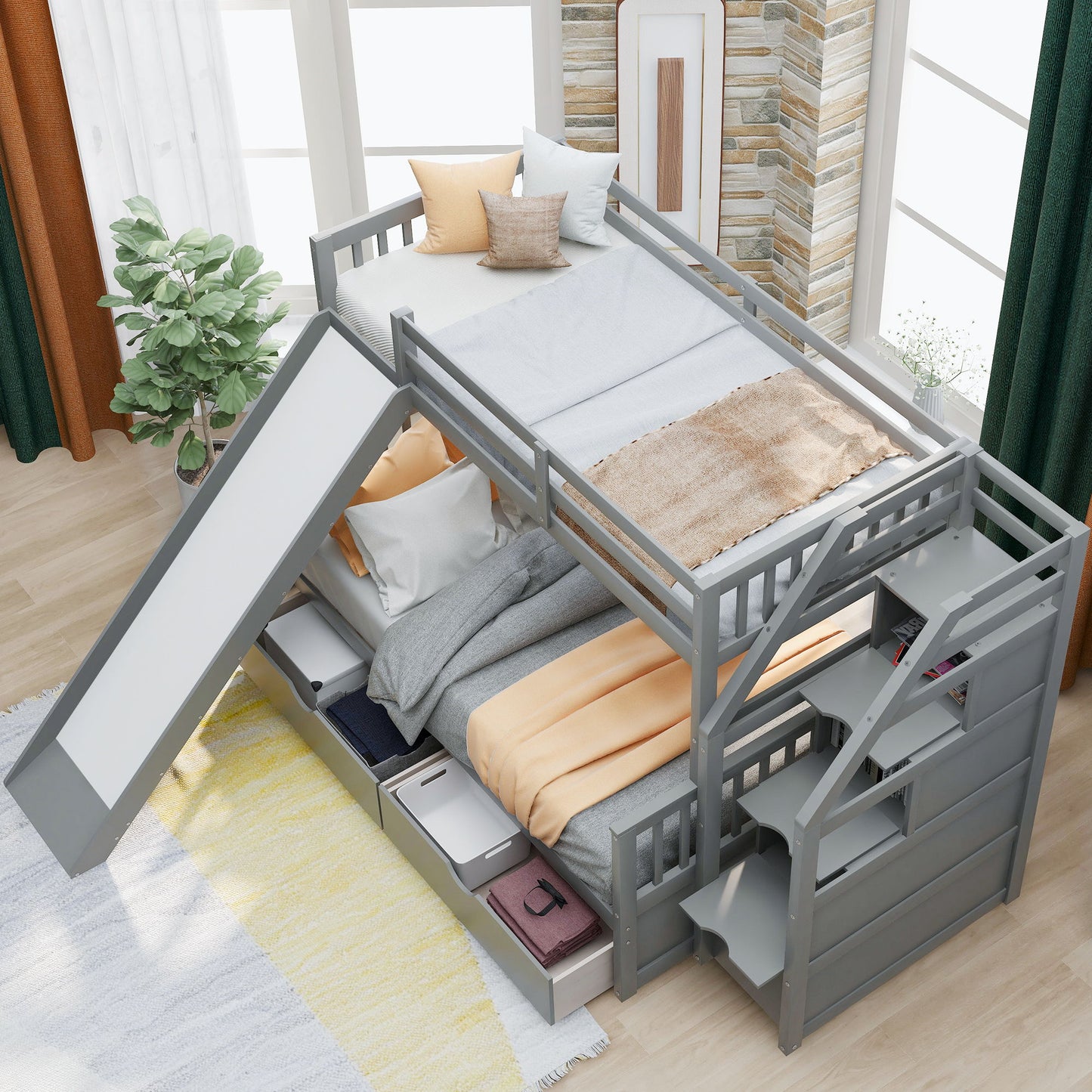 Bunk Bed With Storage Staircase, Slide, Desk, Drawers, And Shelves - The Sleep Loft - Online Mattress Showroom NYC