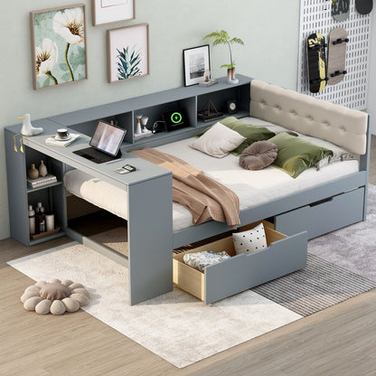 Upholstered Headboard Platform Bed With Storage Shelves, Drawers, Charging Station - The Sleep Loft - Online Mattress Showroom NYC