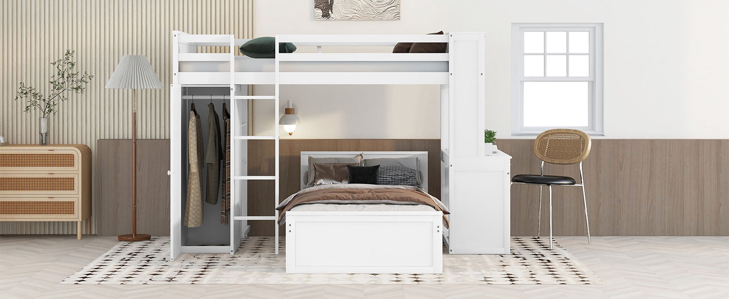 Loft Bed With A Stand Alone Bed, Shelves, Desk, And Wardrobe - The Sleep Loft - Online Mattress Showroom NYC