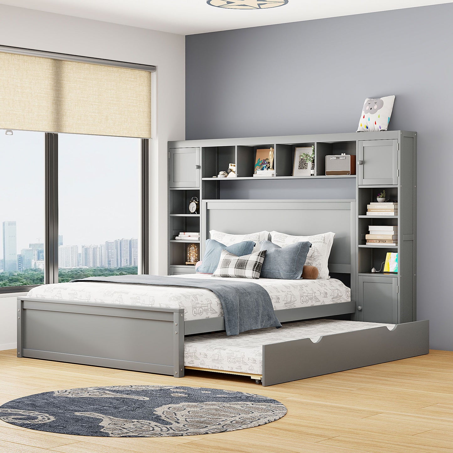 Bed With All In One Cabinet, Shelf And Sockets, Twin Long Trundle - The Sleep Loft - Online Mattress Showroom NYC