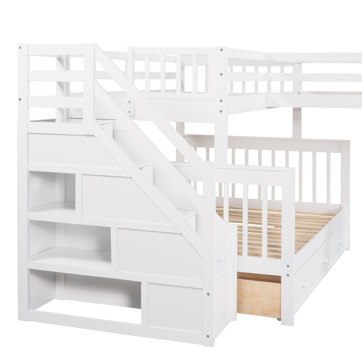 Solid L Shaped Bunk Bed With 3 Drawers, Ladder And Staircase - The Sleep Loft - Online Mattress Showroom NYC