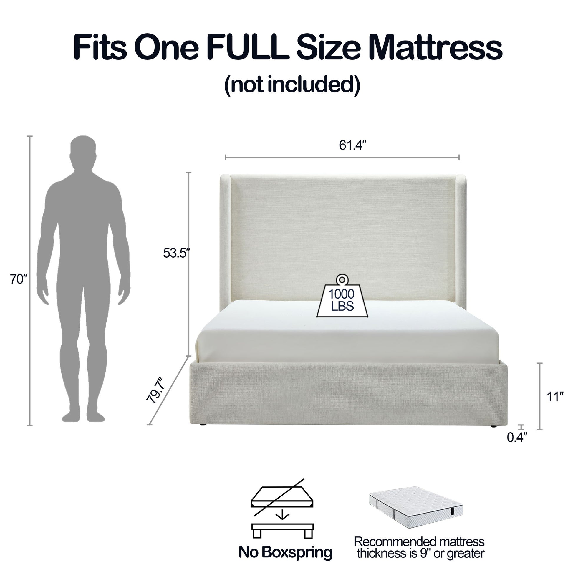 Carmen - Full Size Upholstered Wingback Bed - Ivory - The Sleep Loft - Online Mattress Showroom NYC