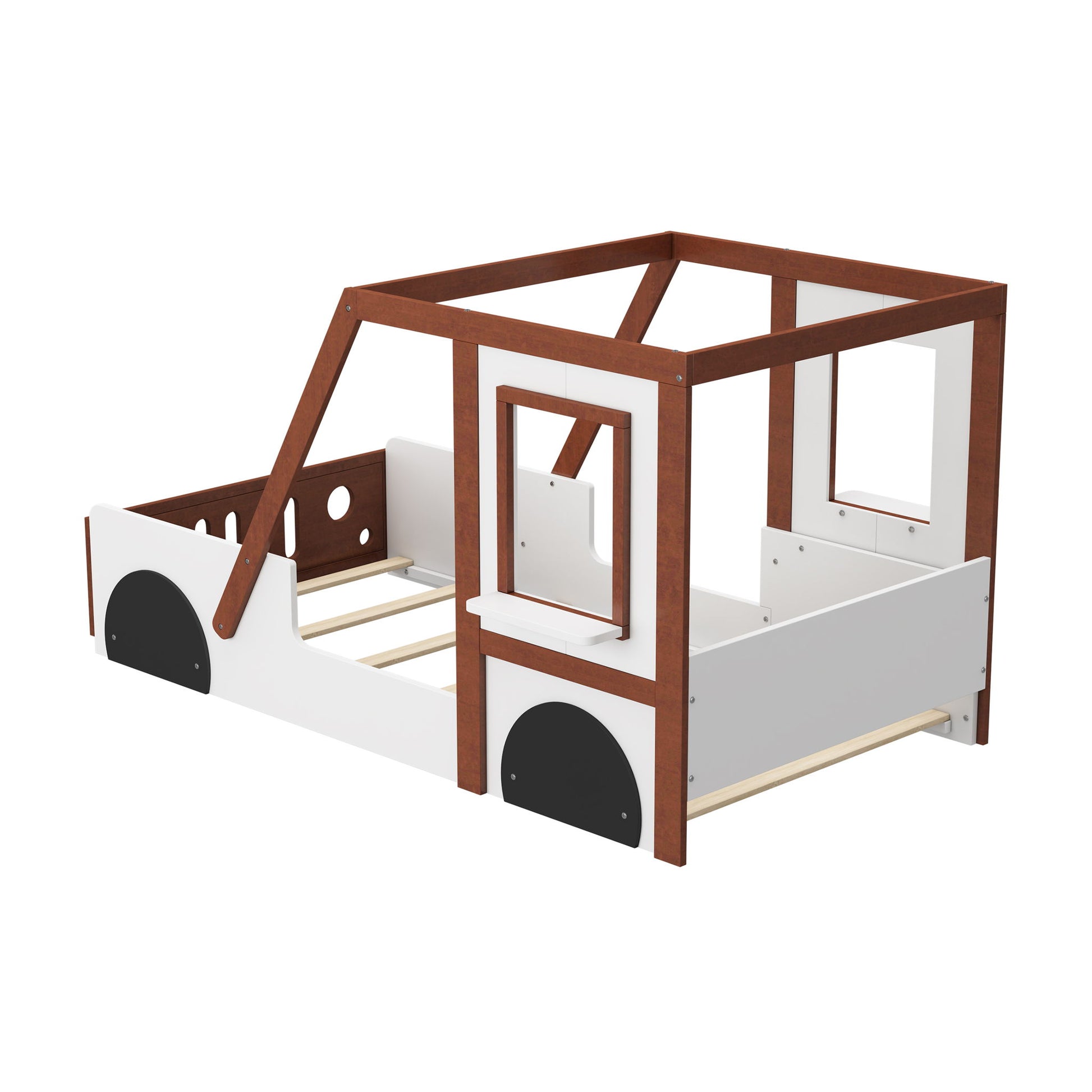 Fun Play Design Twin Size Car Bed, Kids Platform Bed In Car Shaped For Kids Boys Girls Teens - White / Orange - The Sleep Loft - Online Mattress Showroom NYC