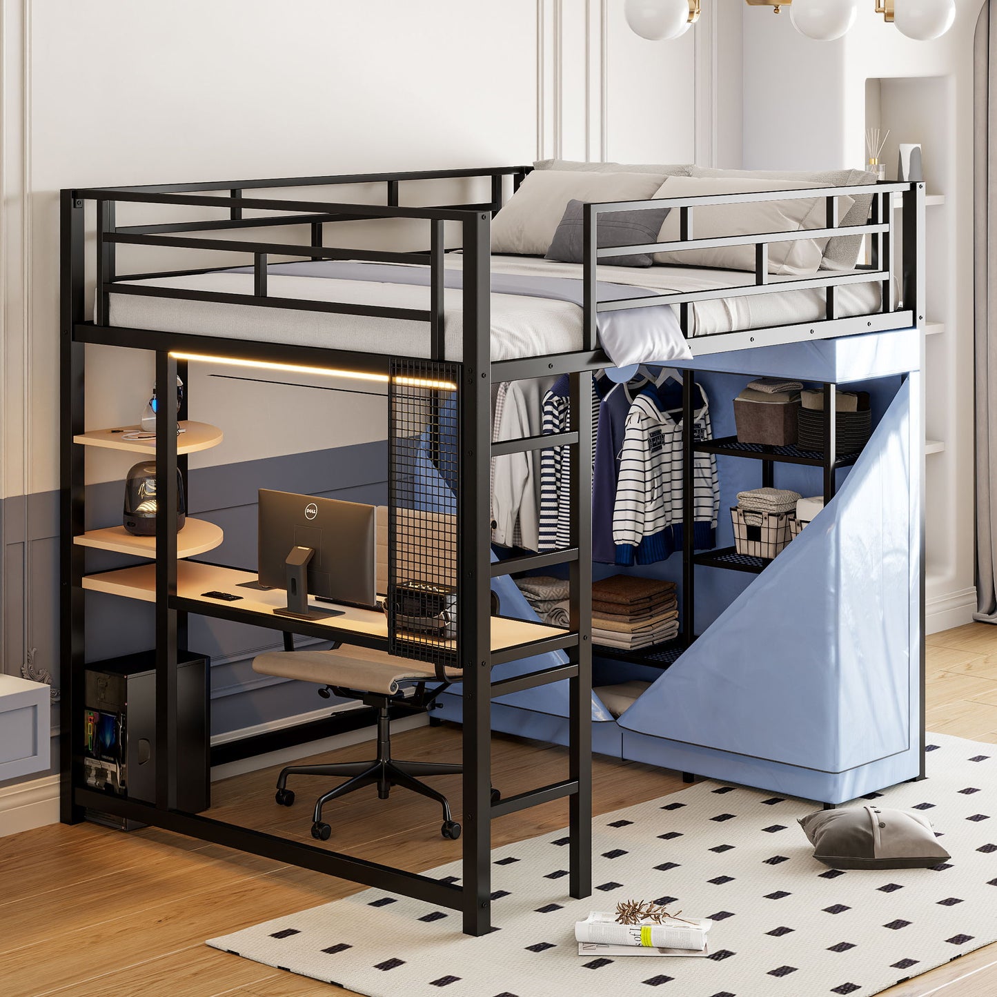 Loft Bed With Desk, Shelves, Power Outlet, LED Light And Wardrobe - The Sleep Loft - Online Mattress Showroom NYC