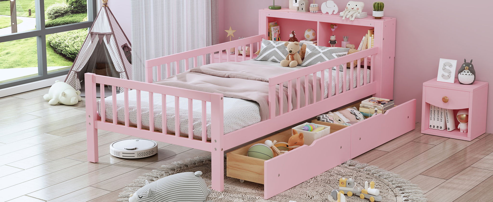 Bed With Headboard Storage Rack, 2 Under Bed Drawers, 3 Side Guardrails For Safety - The Sleep Loft - Online Mattress Showroom NYC