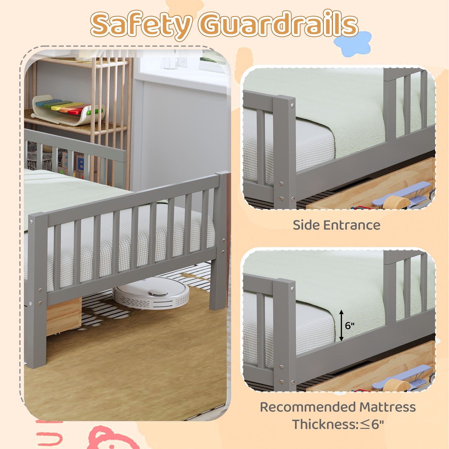 Bed With Headboard Storage Rack, 2 Under Bed Drawers, 3 Side Guardrails For Safety - The Sleep Loft - Online Mattress Showroom NYC