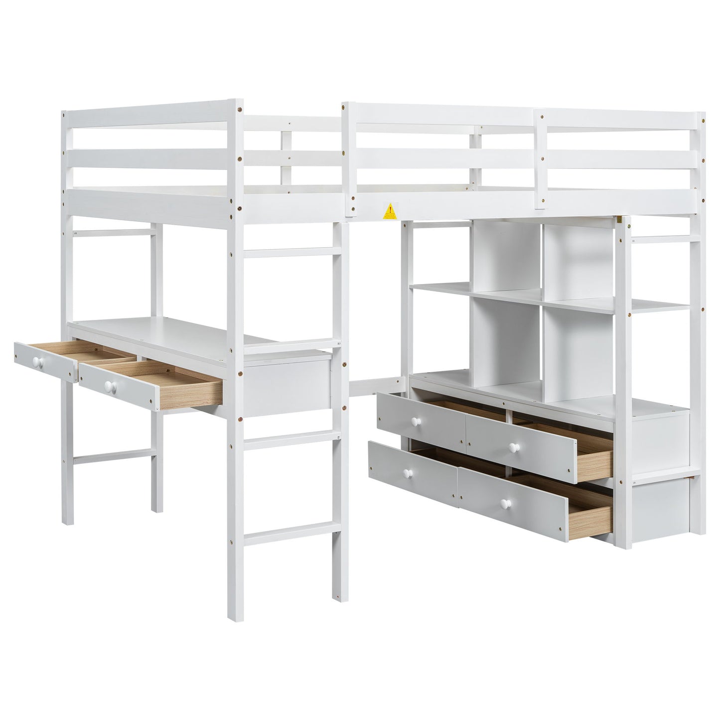 Full Size Loft Bed With Built In Desk, 2 Drawers, Storage Shelves - White - The Sleep Loft - Online Mattress Showroom NYC