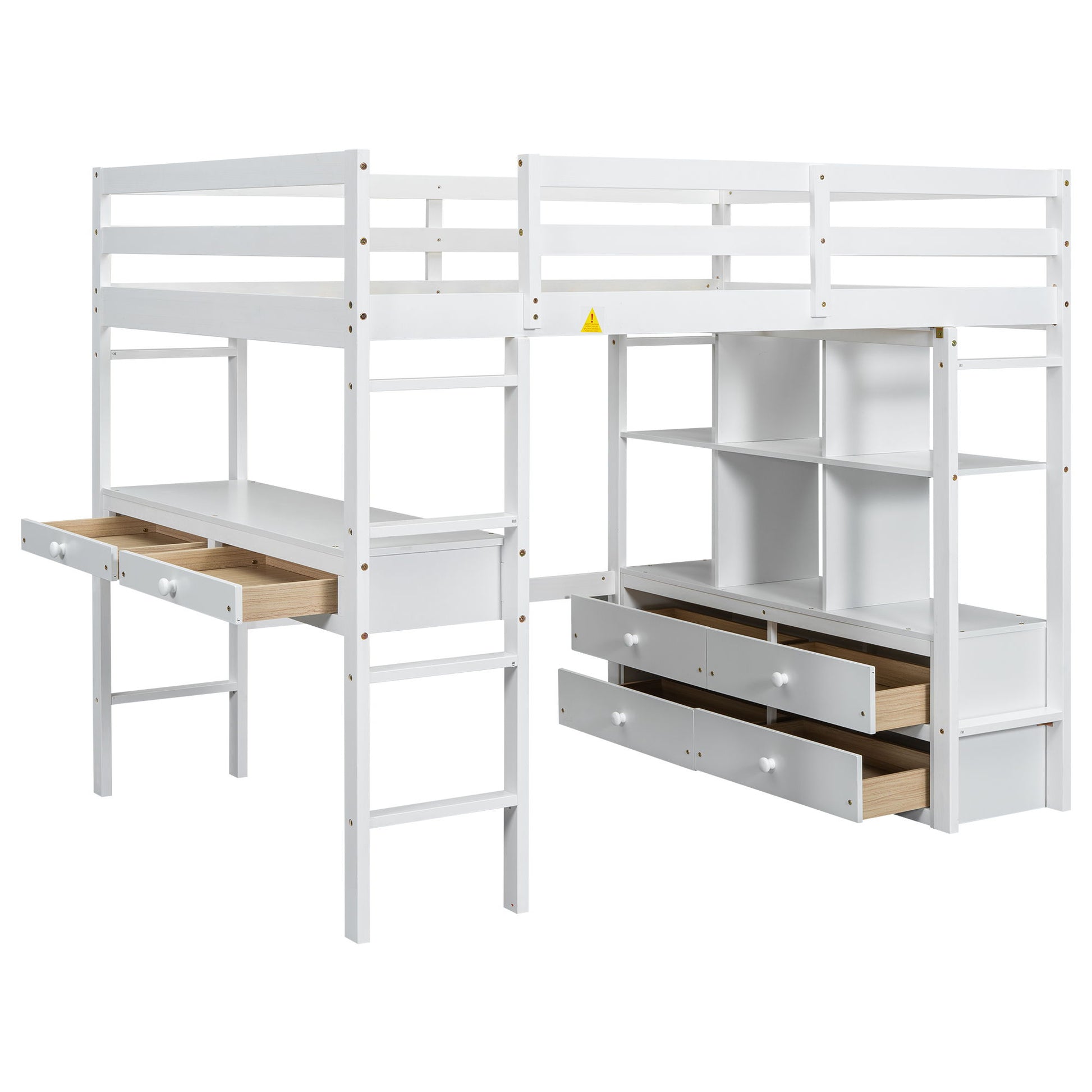 Full Size Loft Bed With Built In Desk, 2 Drawers, Storage Shelves - White - The Sleep Loft - Online Mattress Showroom NYC