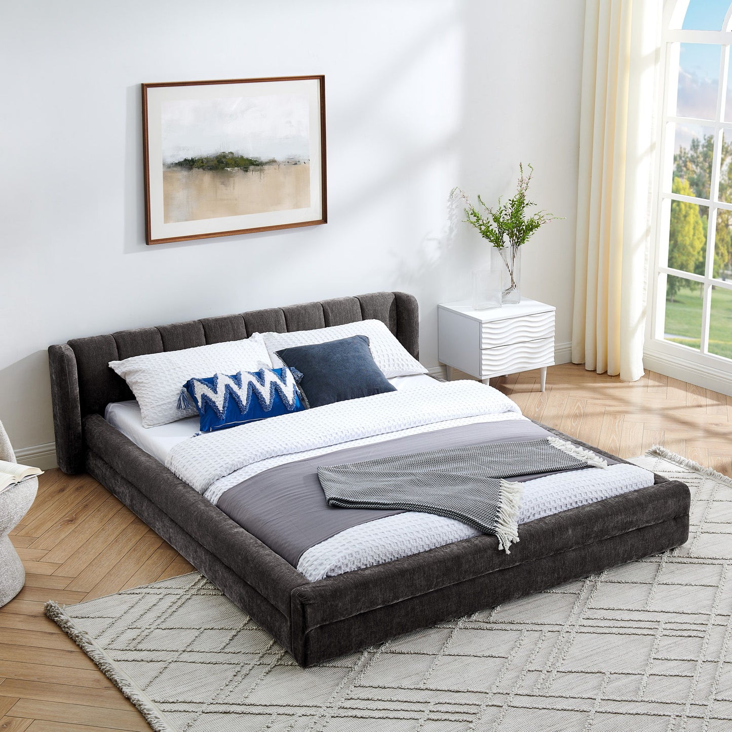 Modern Upholstered Bed Frame With Thick Fabric And Headboard - The Sleep Loft - Online Mattress Showroom NYC