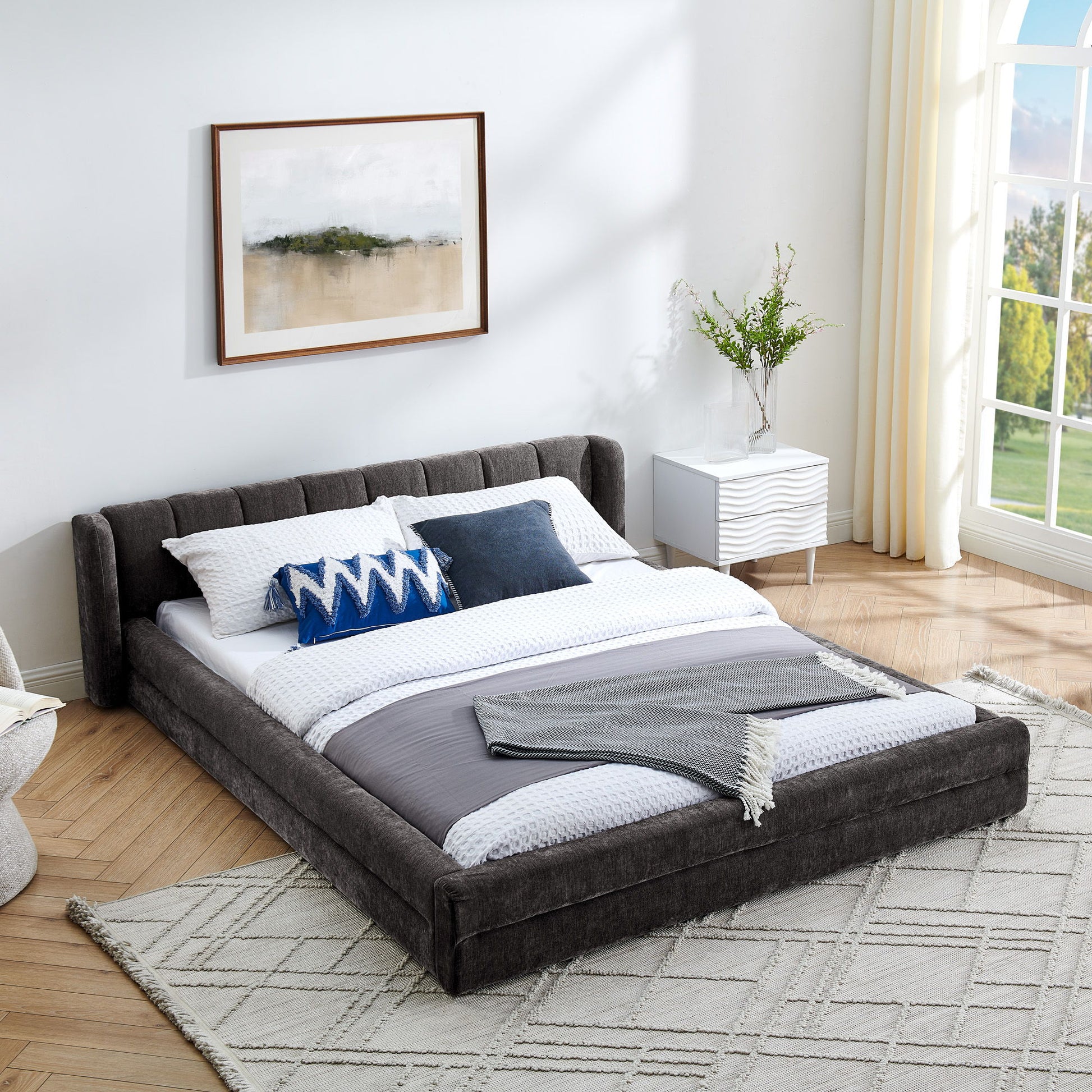 Modern Upholstered Bed Frame With Thick Fabric And Headboard - The Sleep Loft - Online Mattress Showroom NYC