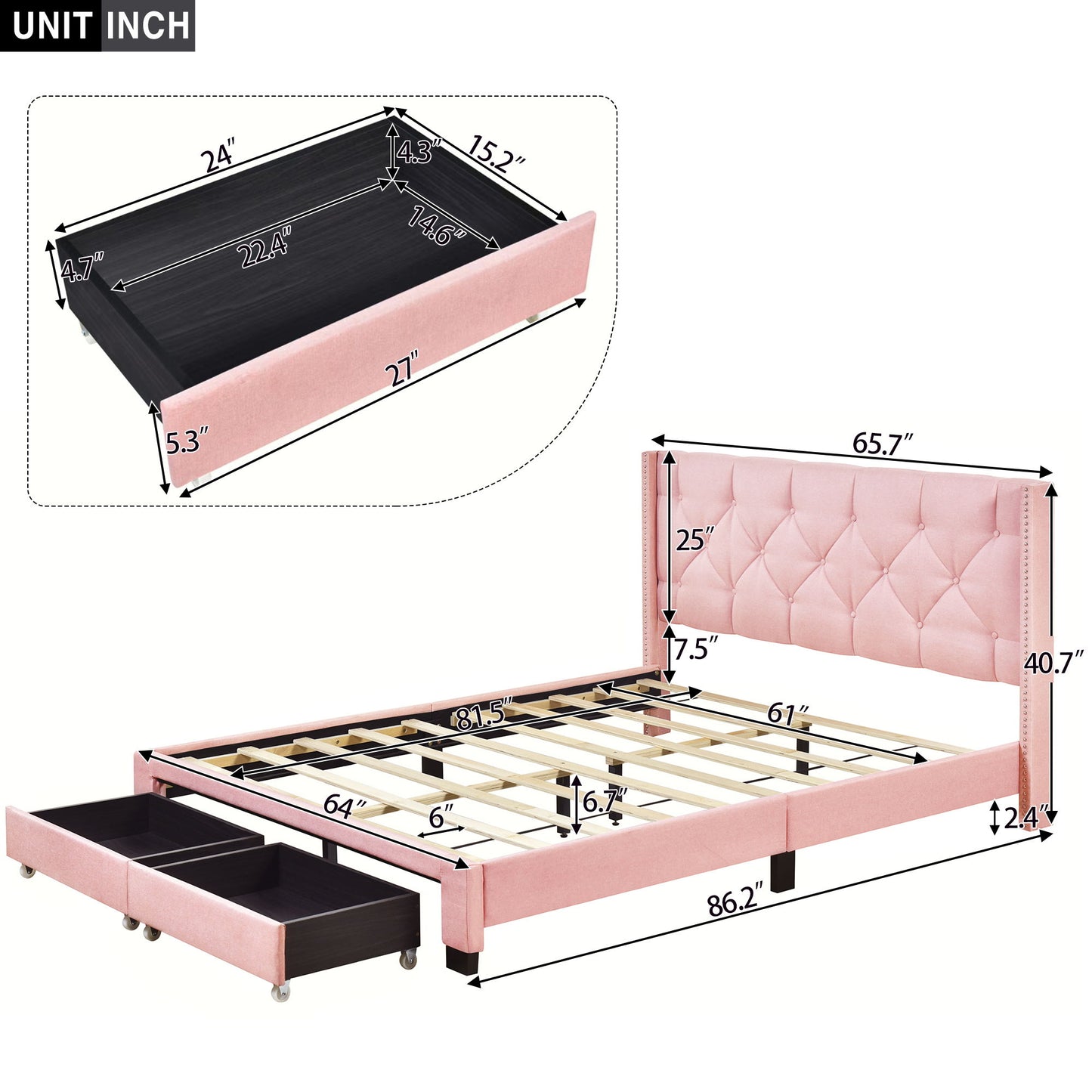 Queen Size Storage Bed Linen Upholstered Platform Bed & Two Drawers - Pink - The Sleep Loft - Online Mattress Showroom NYC