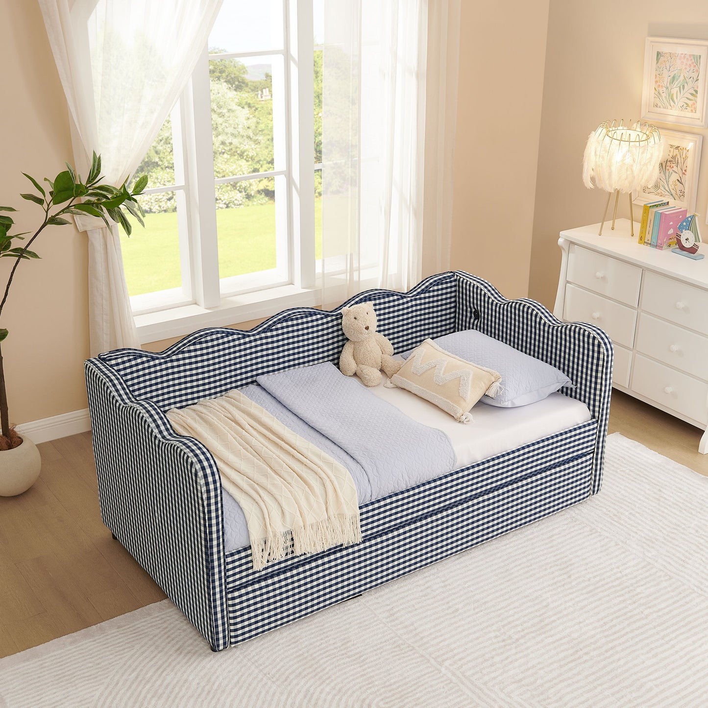 Gingham Daybed With USB Charging Port, Wave-Shaped Design - The Sleep Loft - Online Mattress Showroom NYC