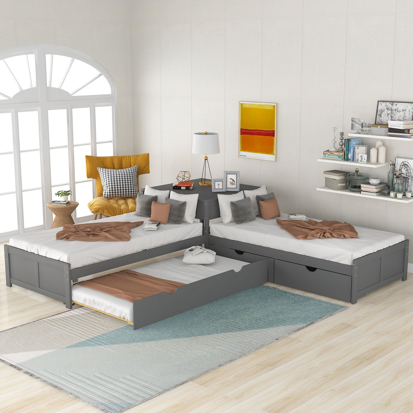L Shaped Platform Bed With Trundle And Drawers Linked With Built In Desk - The Sleep Loft - Online Mattress Showroom NYC