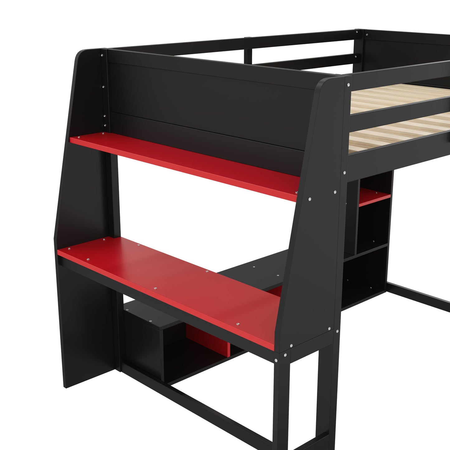 Gaming Loft Bed With Desk, Multi Storage Shelves, LED Lighting, And Hanging Clothes Rack - The Sleep Loft - Online Mattress Showroom NYC