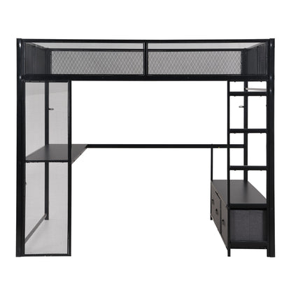 Full Size Gaming Loft Bed With LED Desk, Open Wardrobe, 3 Linen Storage Drawers - Black - The Sleep Loft - Online Mattress Showroom NYC