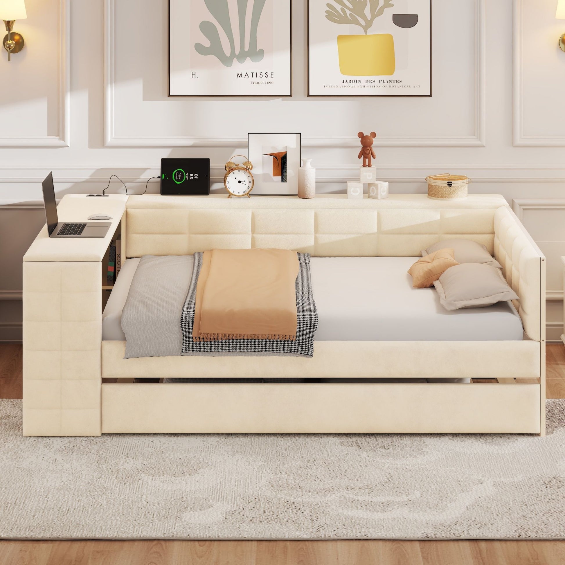 Upholstered Platform Bed With Storage Shelves, Desk, Charging Station And Trundle - The Sleep Loft - Online Mattress Showroom NYC