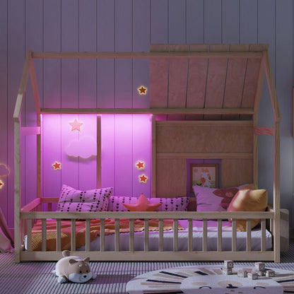 House Floor Bed With 7 Color LED Light, Built In Bookshelf - The Sleep Loft - Online Mattress Showroom NYC