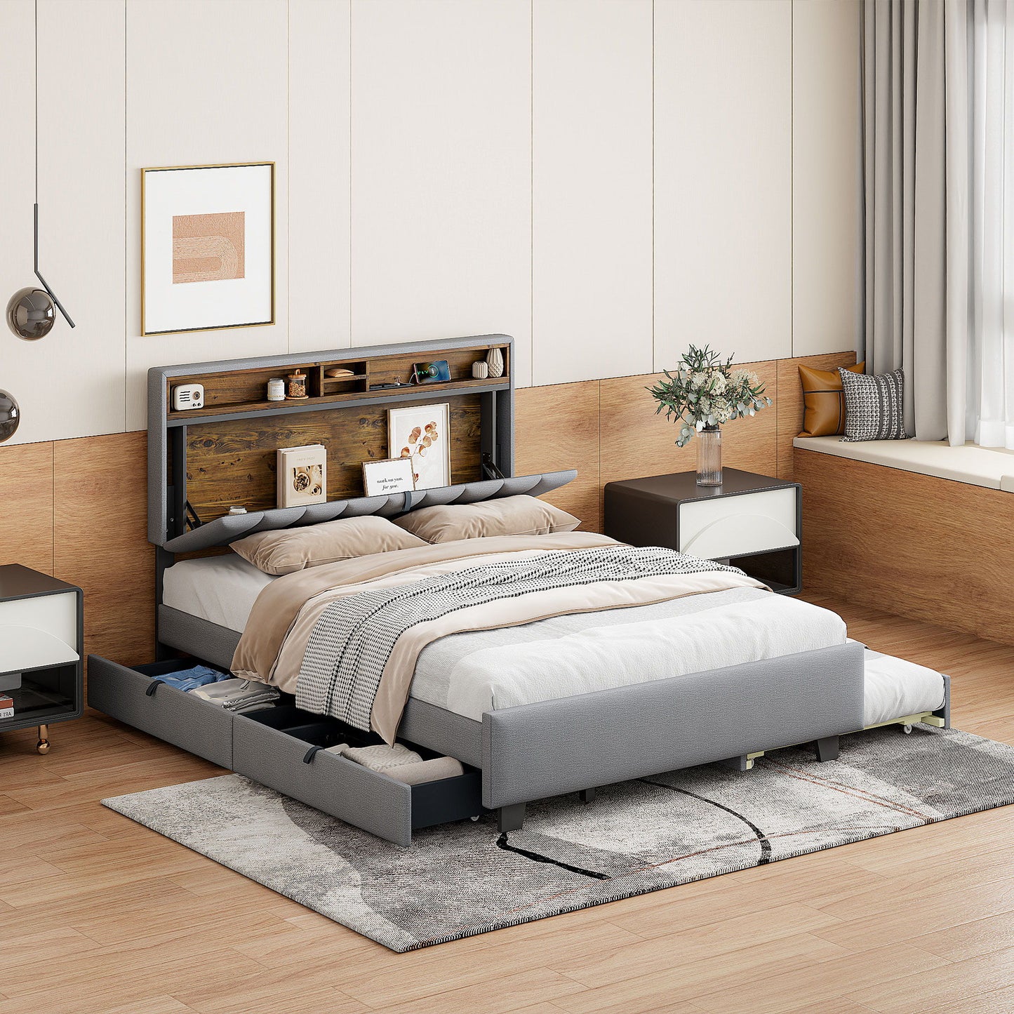 Upholstered Platform Bed With Storage Headboard, Trundle & 2 Drawers And A Set Of Sockets & USB Ports - The Sleep Loft - Online Mattress Showroom NYC