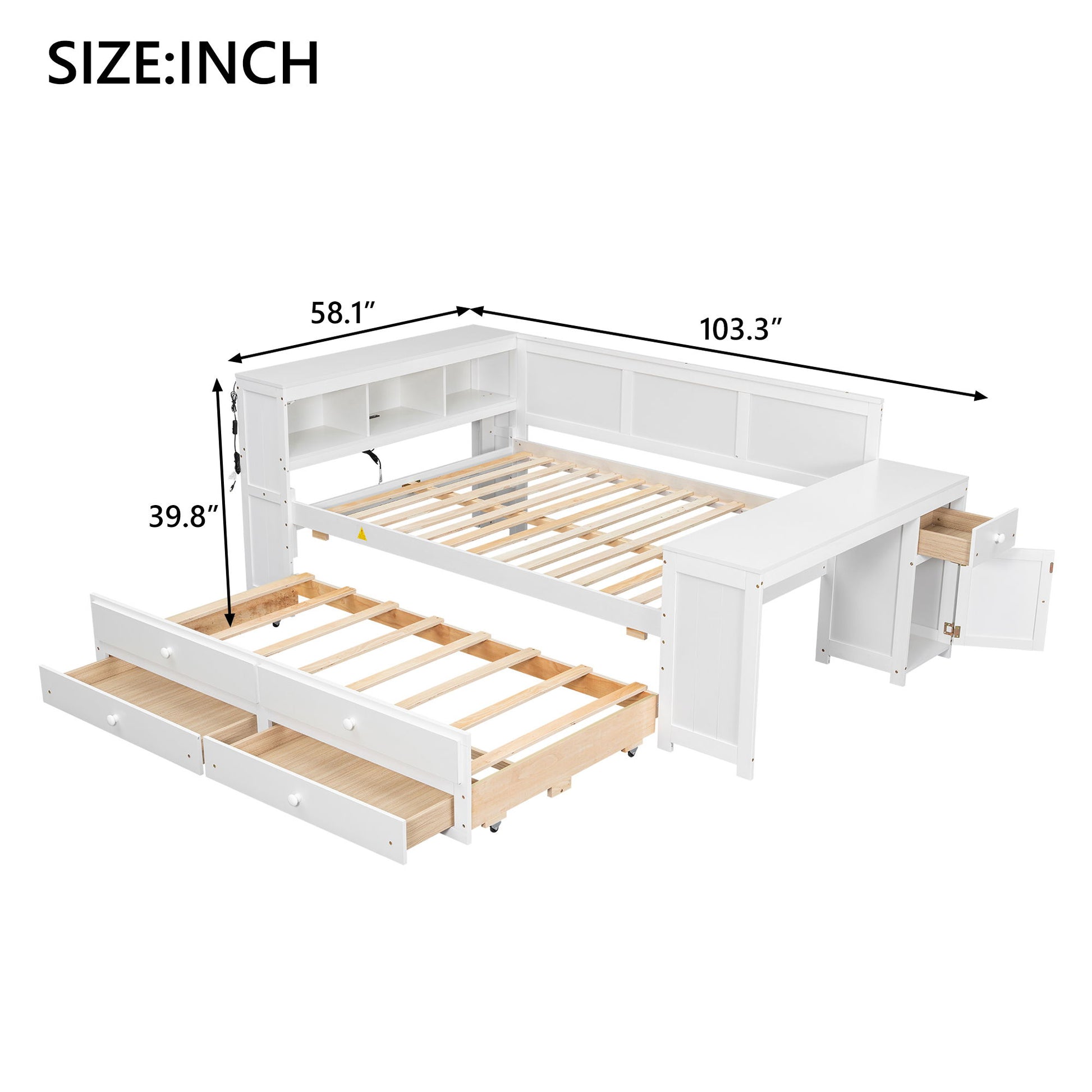 Daybed With Storage Shelves, Drawers, Trundle, Charging Station, LED Light, Desk And Cabinet - The Sleep Loft - Online Mattress Showroom NYC