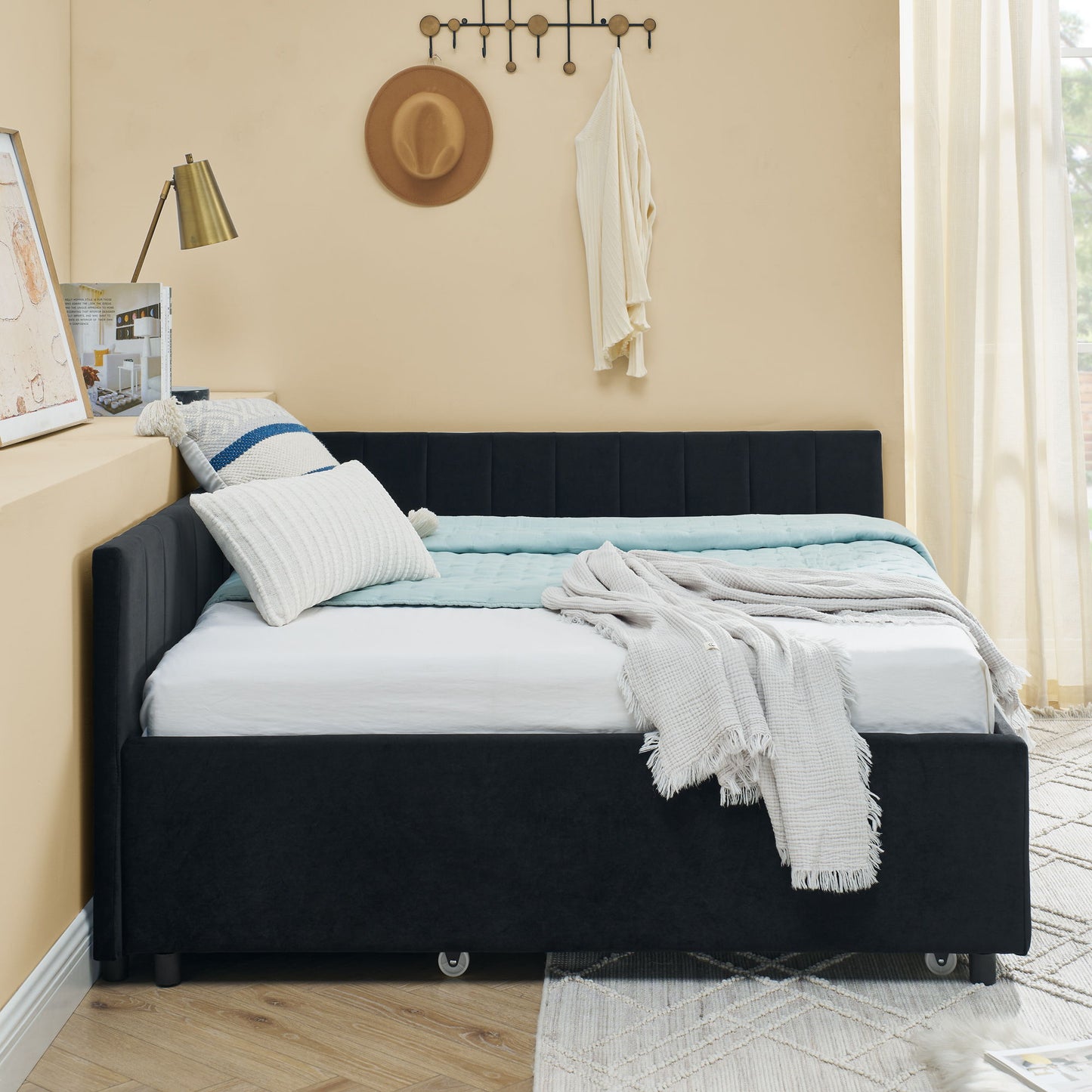Full Size Upholstered Daybed With Trundle, Tufted Backrest And Armrests - Black - The Sleep Loft - Online Mattress Showroom NYC