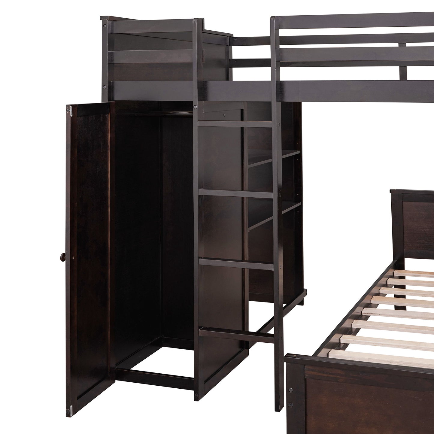 Loft Bed With A Twin Size Standalone Bed, Shelves, Desk, And Wardrobe - The Sleep Loft - Online Mattress Showroom NYC