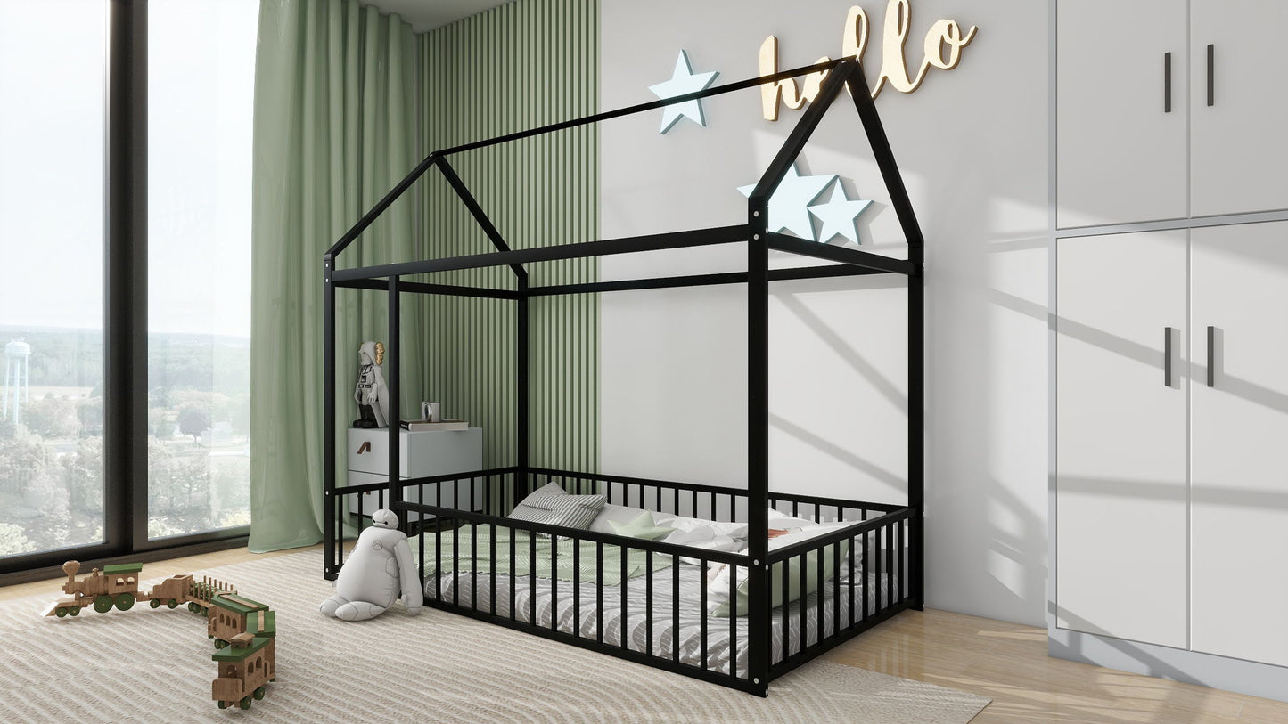 Metal Bed House Bed Frame With Fence - The Sleep Loft - Online Mattress Showroom NYC