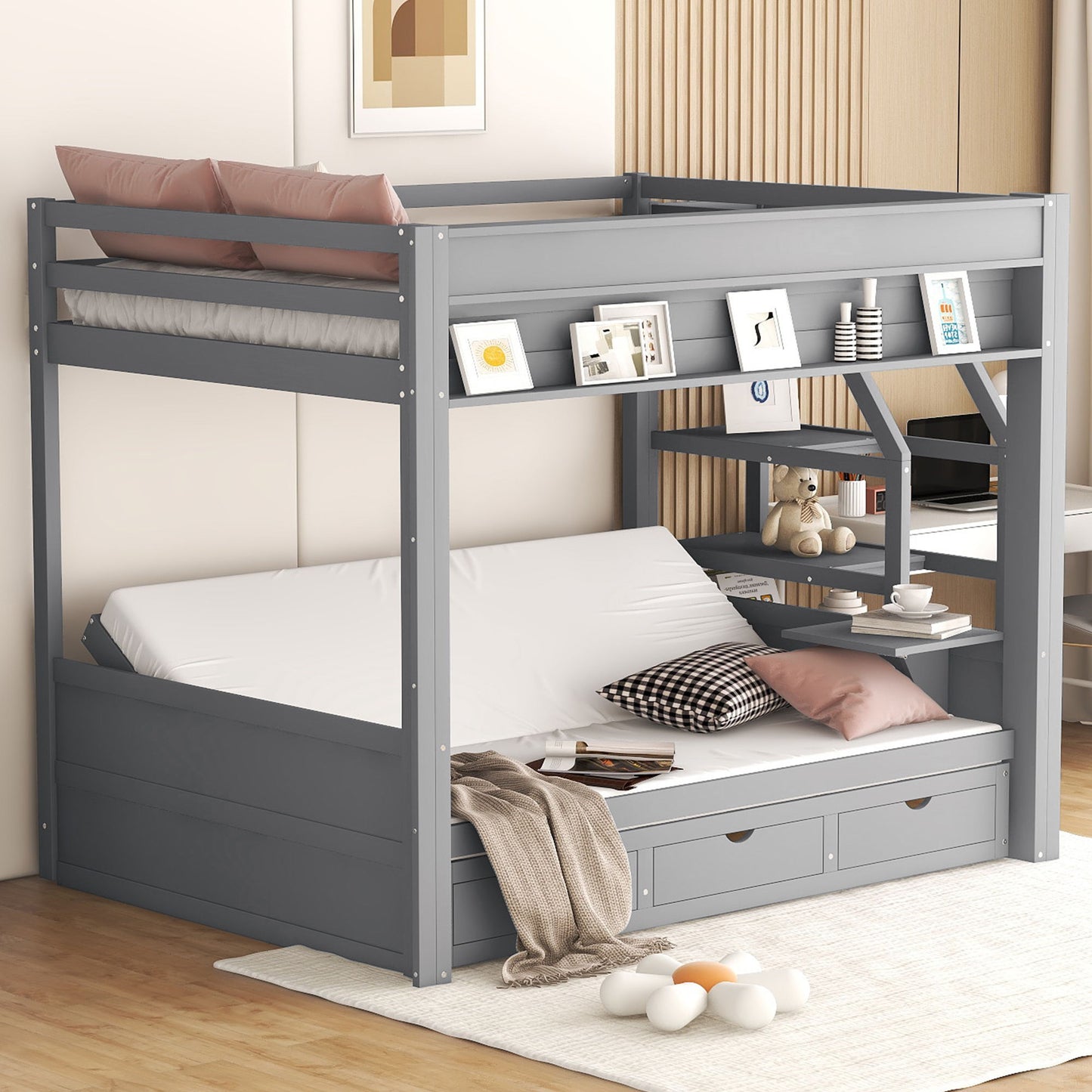 Wood Full Size Convertible Bunk Bed With Storage Staircase, Bedside Table, And 3 Drawers - Gray - The Sleep Loft - Online Mattress Showroom NYC